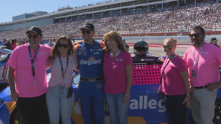 Pink window nets and pink walls on pit road at the Charlotte Motor Speedway