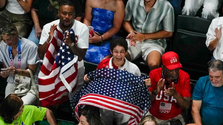 Simone Biles husband Jonathan Owens cheers in the stands as she tries for gold in Paris