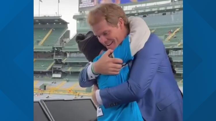 Greg Olsen reunites with Bryson Shupe at Lambeau Field in Wisconsin before Packers game
