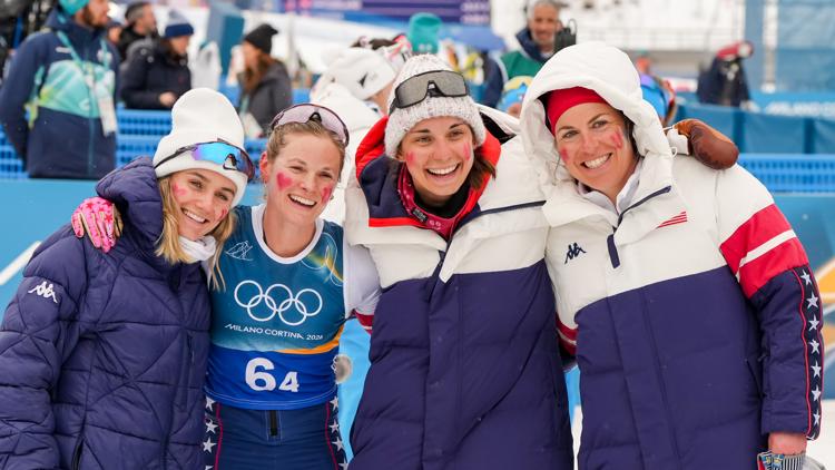 Team USA powers through slushy course in the womens cross country ski relay