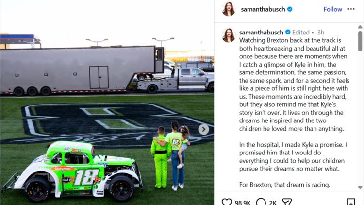 We race on Samantha Busch shares post about sons return to racing month after Kyle Buschs death